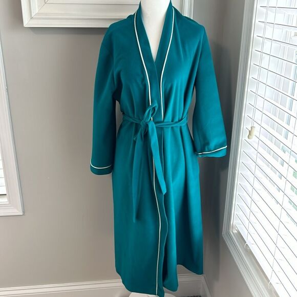 Vanity Fair Vintage 70s Green Teal Retro Tie Velour Robe Womens Medium - Picture 2 of 13